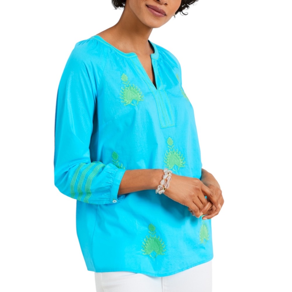Talbots EMBROIDERED VOILE TOP Blue Size Petite P NWT